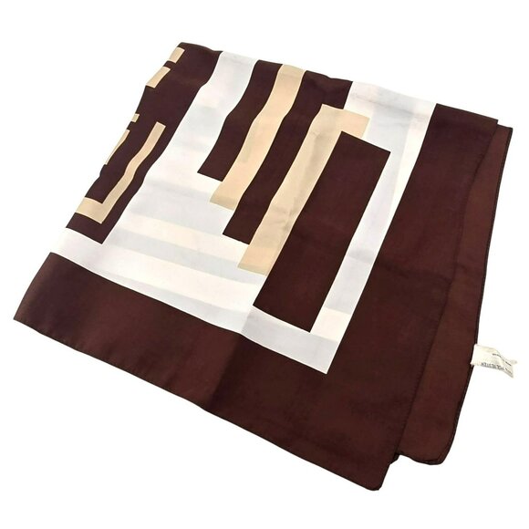 Vintage Scarf Brown & Beige Geometric Polyester Square JJ3795 - Picture 2 of 7